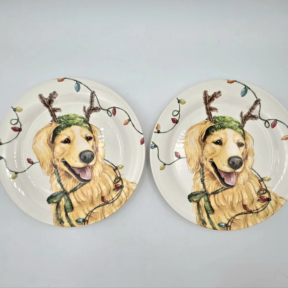 Golden Retriever Christmas Lights Reindeer Plate By PIER ONE